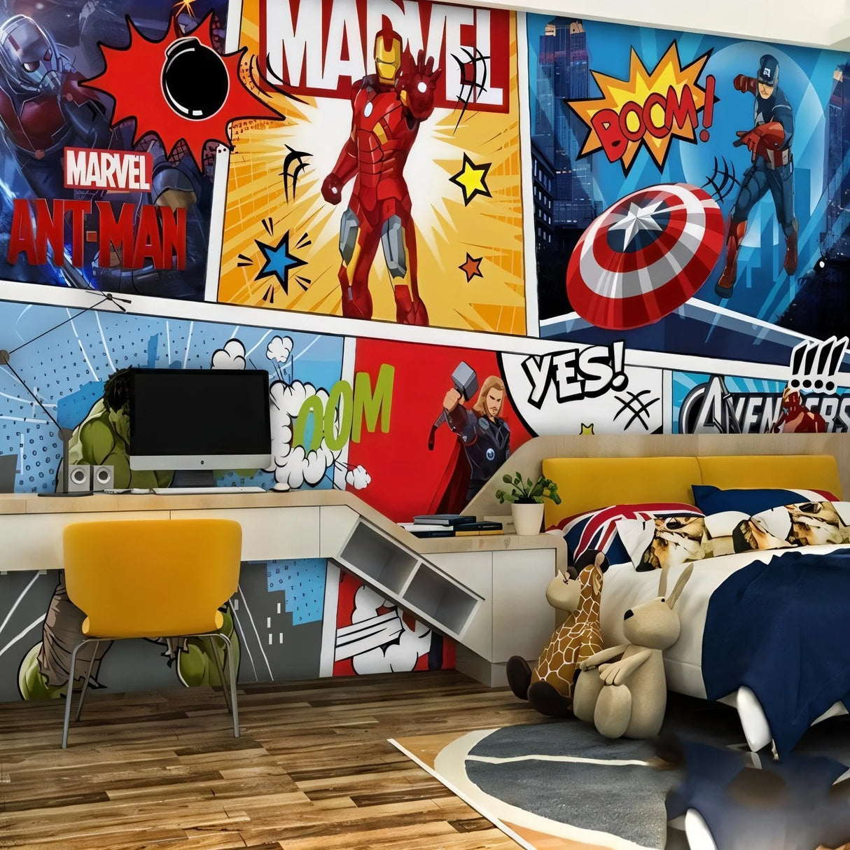 Children's room with Marvel-themed decor, including posters and a bed with superhero plush toys.