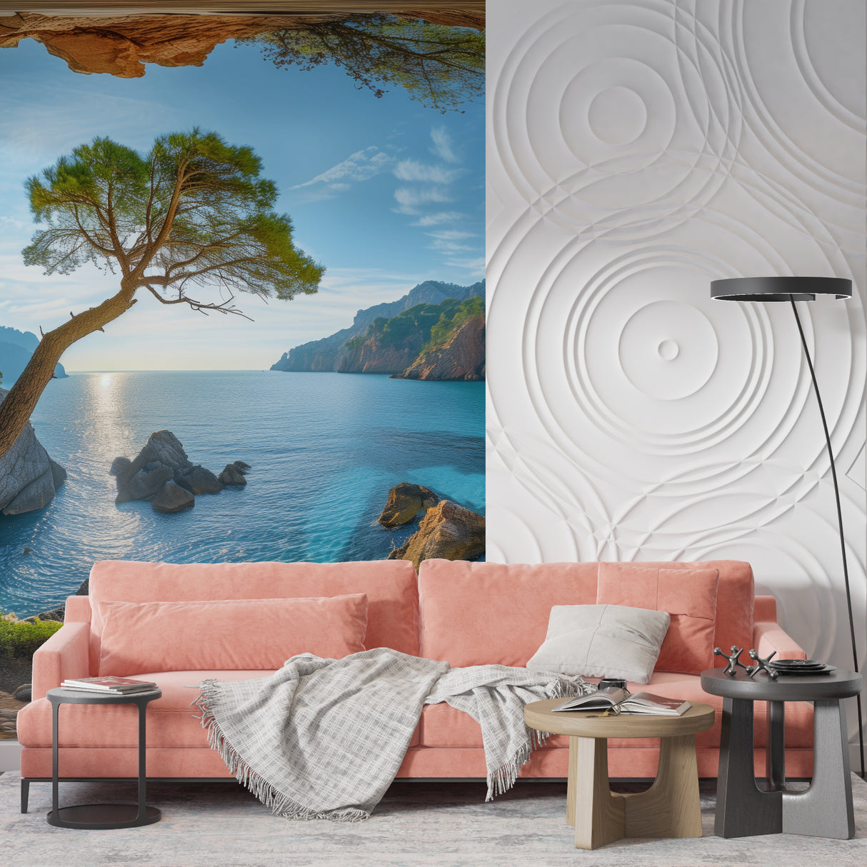 Mediterranean coastal wallpaper creating depth in modern living room with white furniture