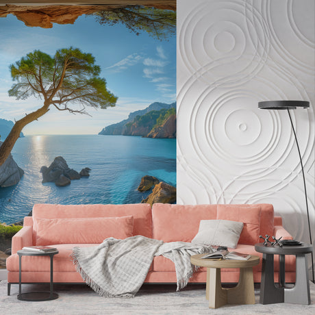 Mediterranean coastal wallpaper creating depth in modern living room with white furniture