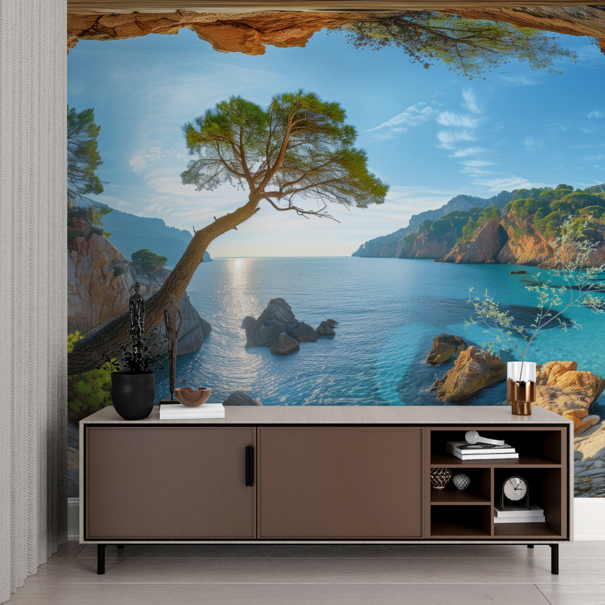 Coastal pine tree mural adding Mediterranean charm to master bedroom