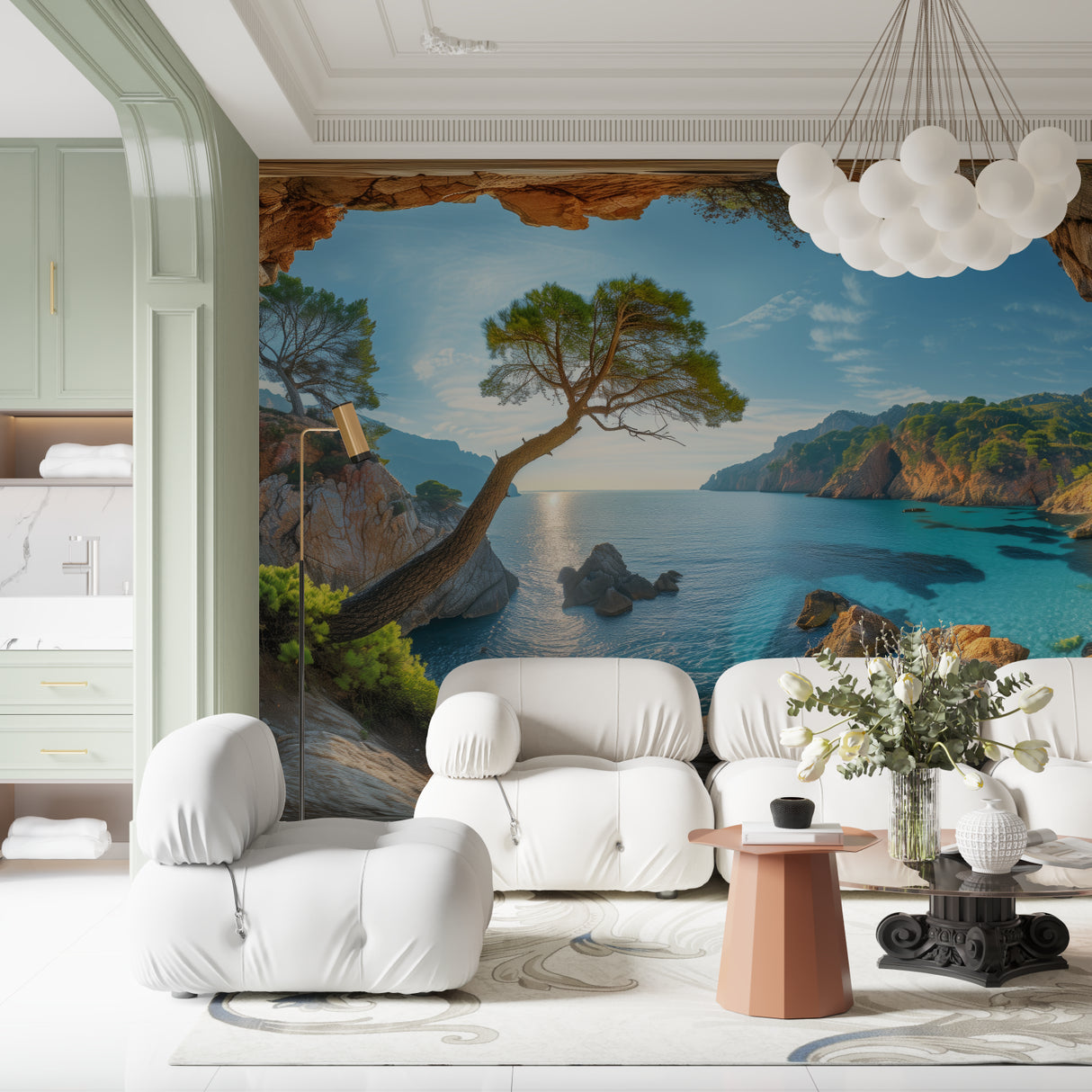 Mediterranean landscape wallpaper brightening dining room with sea views