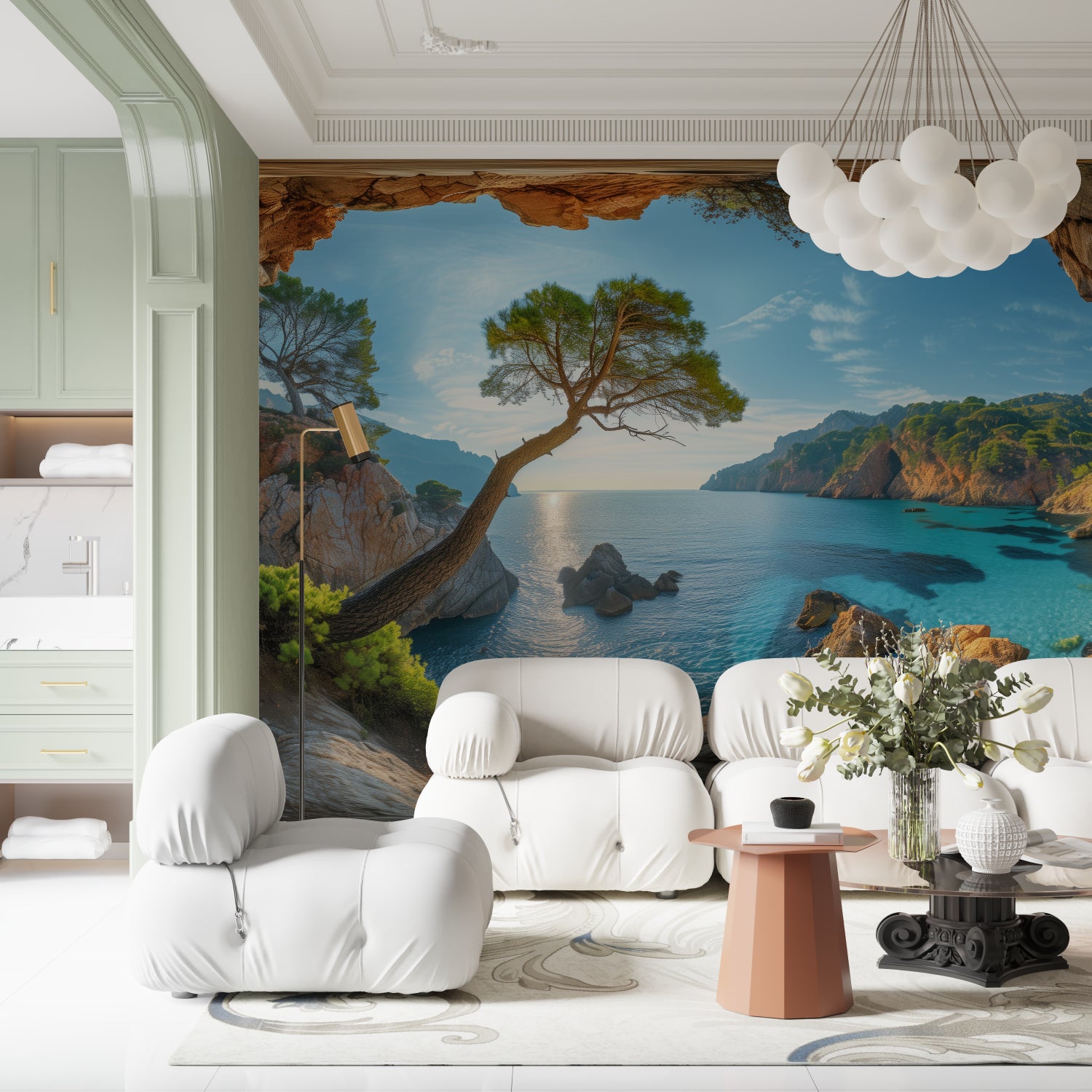 Mediterranean landscape wallpaper brightening dining room with sea views