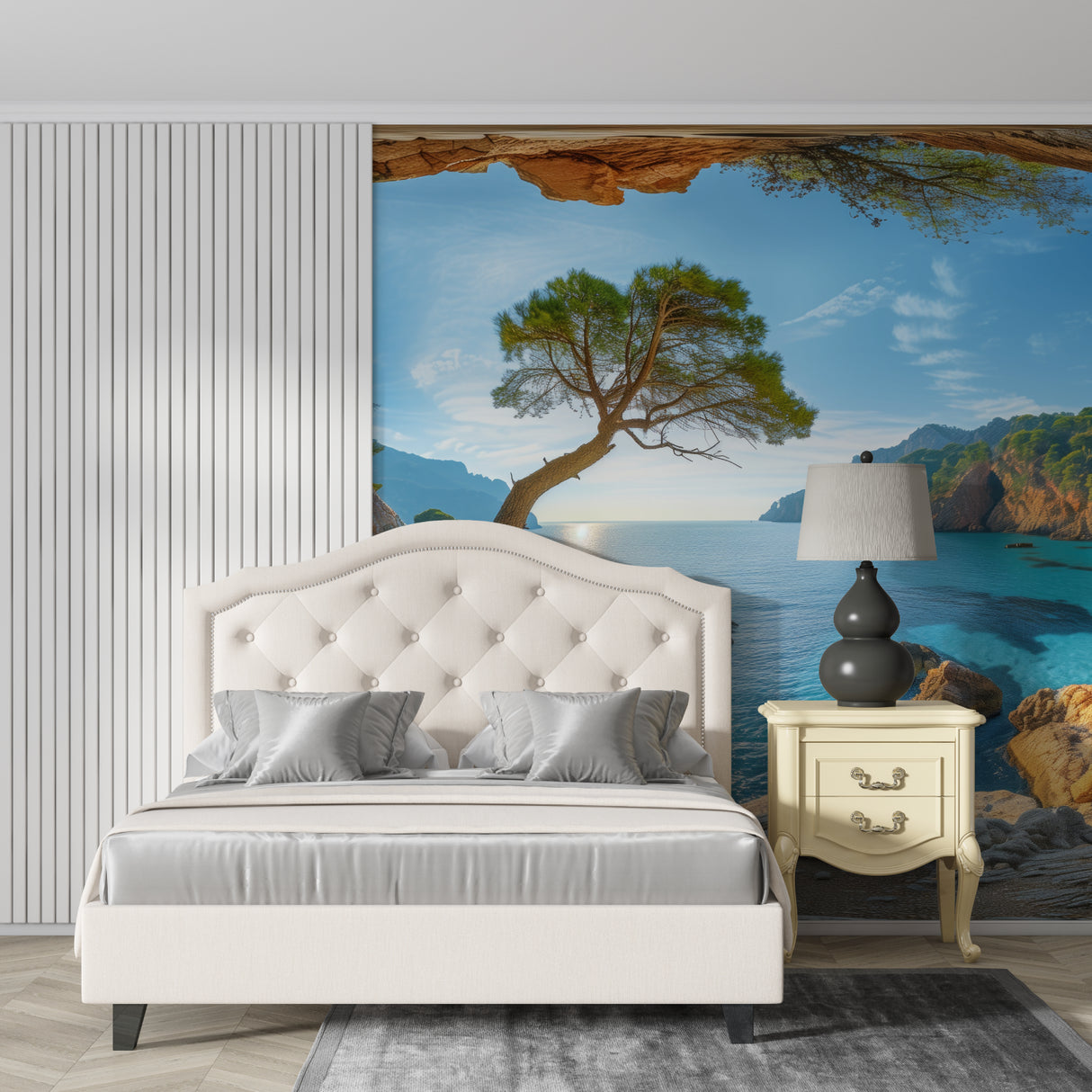 Pine tree vista wallpaper transforming home office into coastal retreat