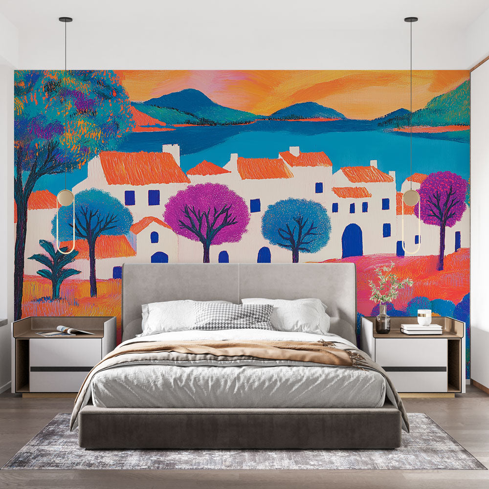 Mediterranean village wallpaper mural in bright, modern living room showing depth and dimensional effect