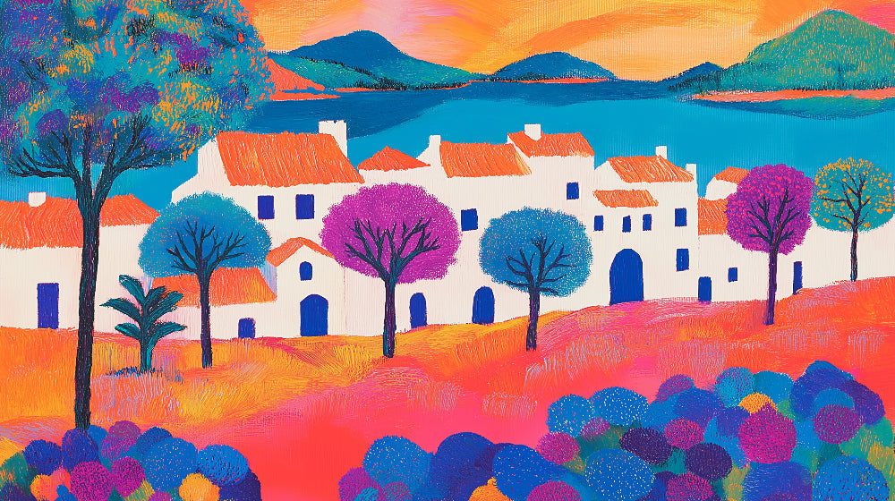 Mediterranean coastal village design file with vibrant colors and artistic composition