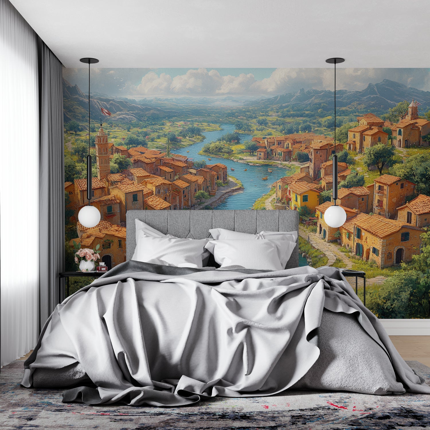 Italian riverside mural wallpaper in a modern dining room with natural light