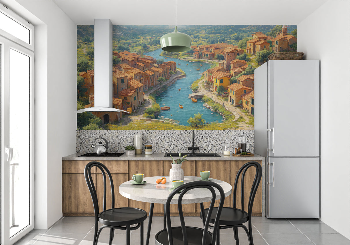 Mediterranean landscape wallpaper bringing Italian charm to a cozy bedroom space