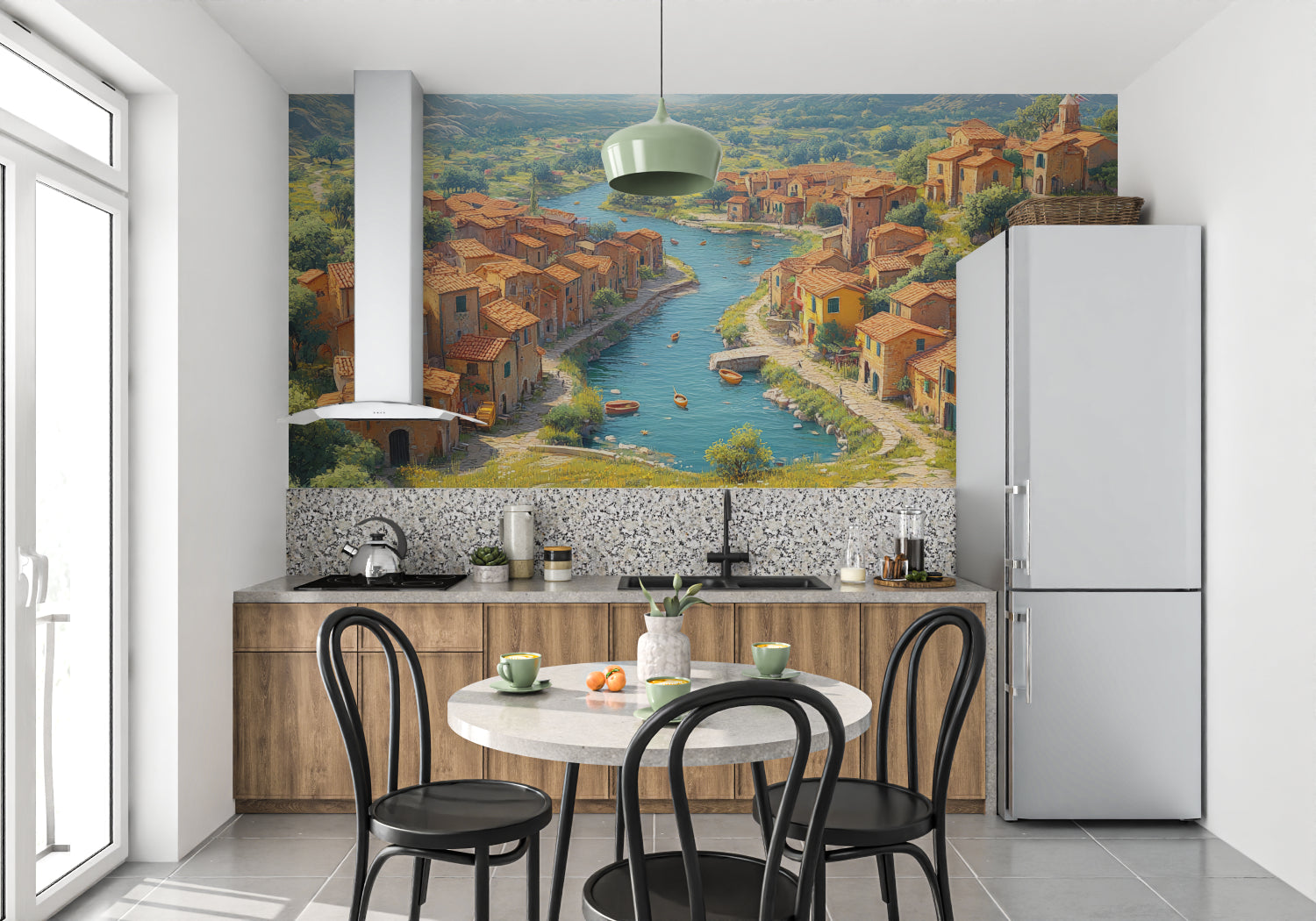 Mediterranean landscape wallpaper bringing Italian charm to a cozy bedroom space