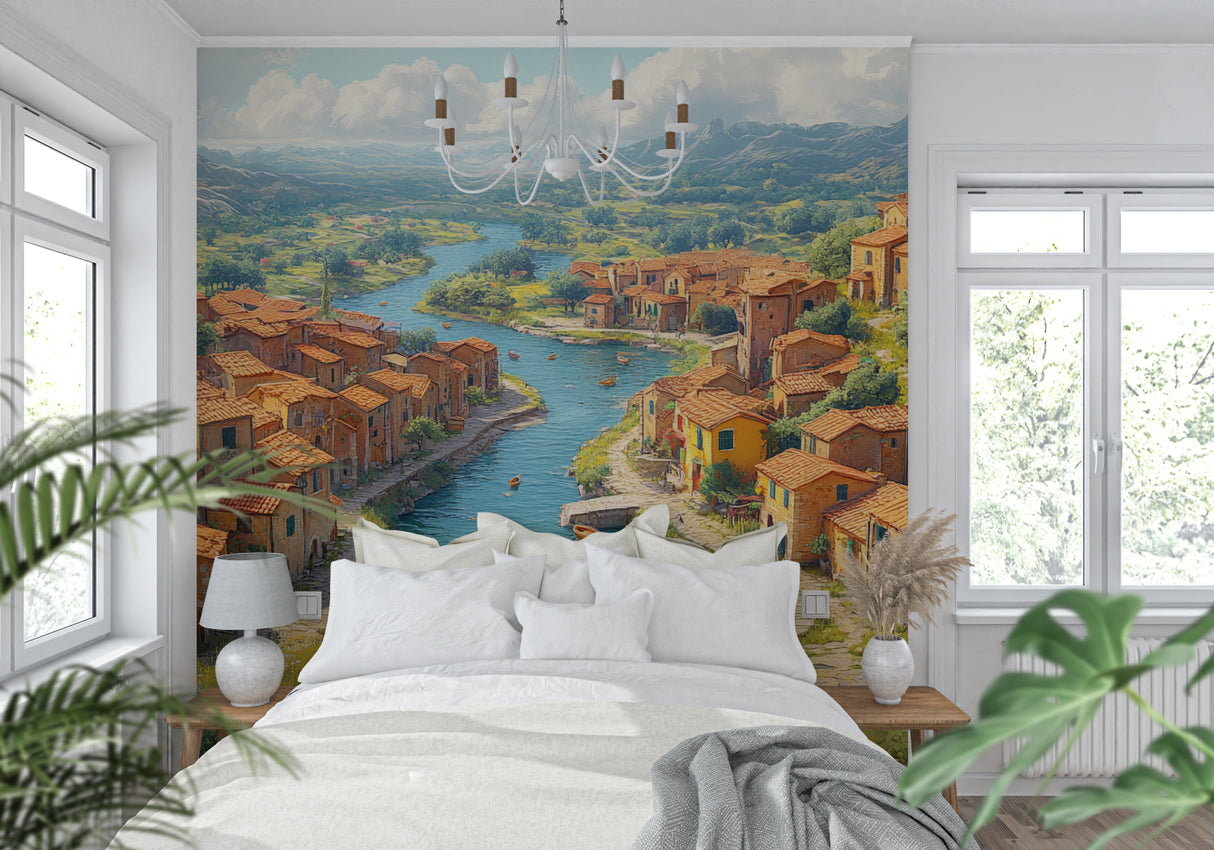 Italian village scene wallpaper transforming a home office with riverside views