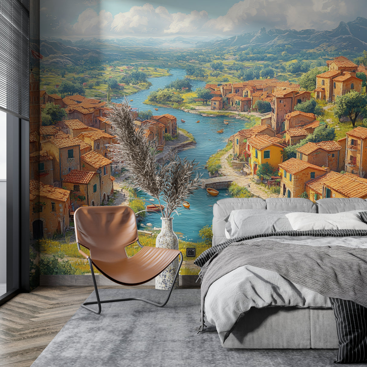 Mediterranean mural wallpaper creating an accent wall in an open-plan kitchen