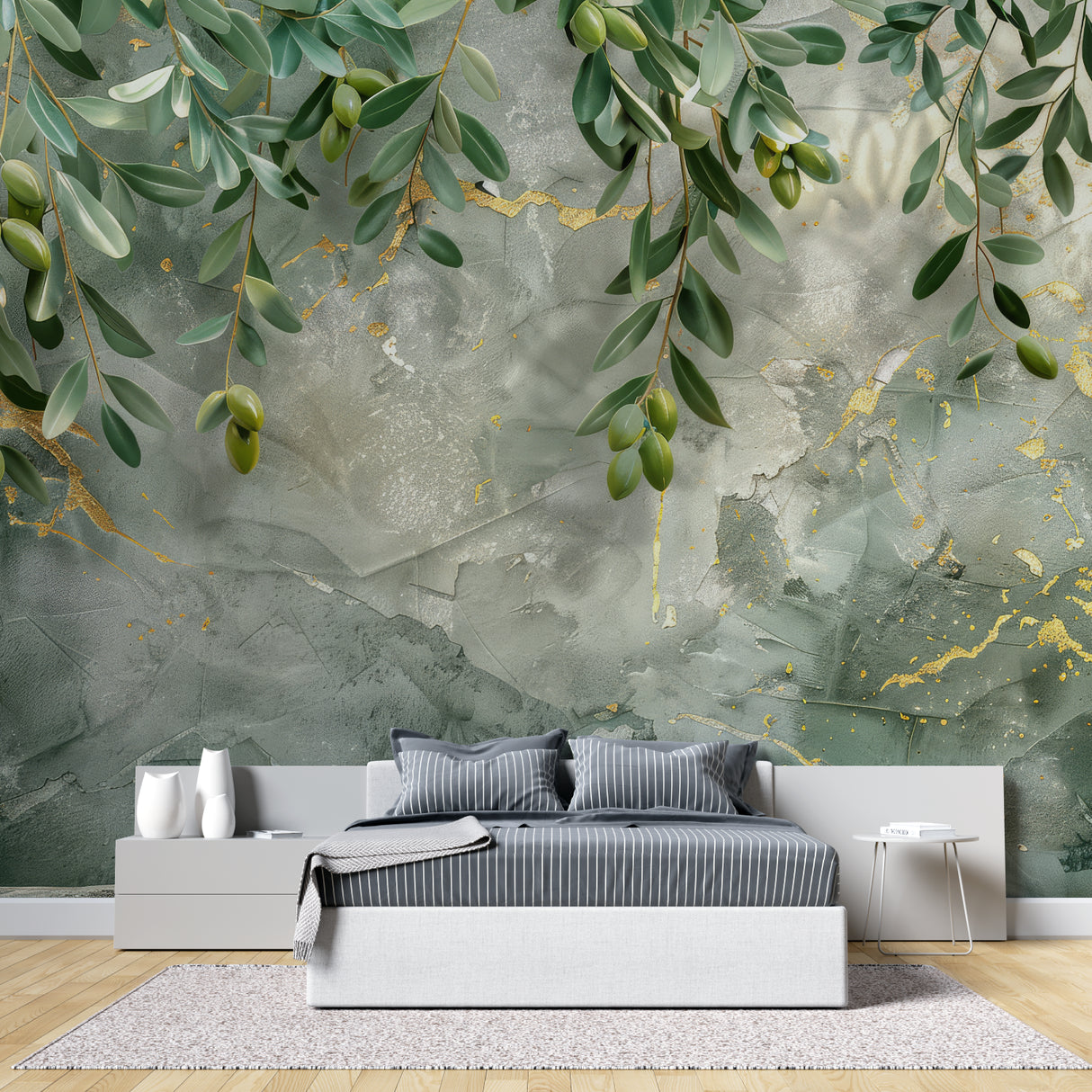 Mediterranean olive branch wallpaper in modern dining room with gold accents catching natural light