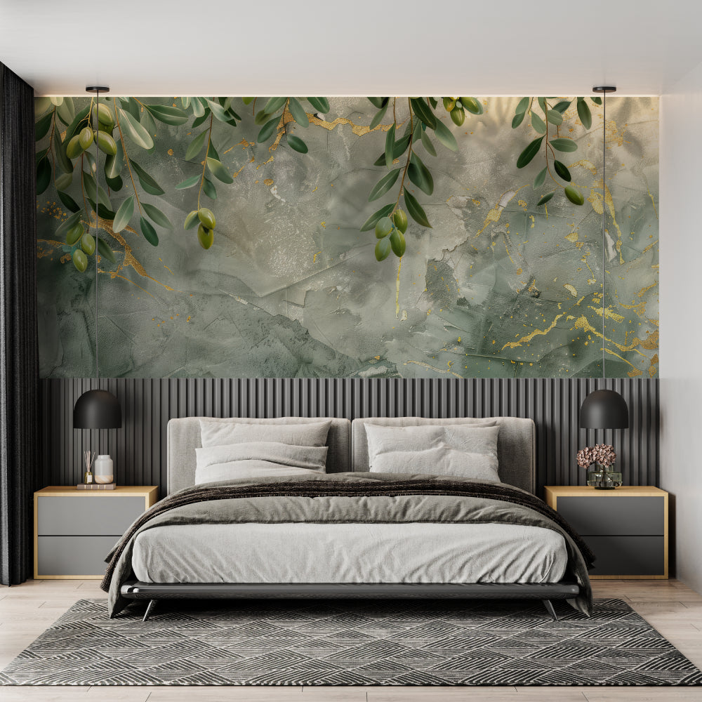 Olive branch mural wallpaper creating calm atmosphere in master bedroom