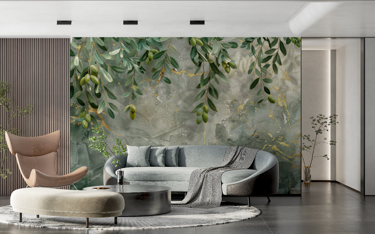 Gold-accented Mediterranean wallpaper making statement in luxury living room