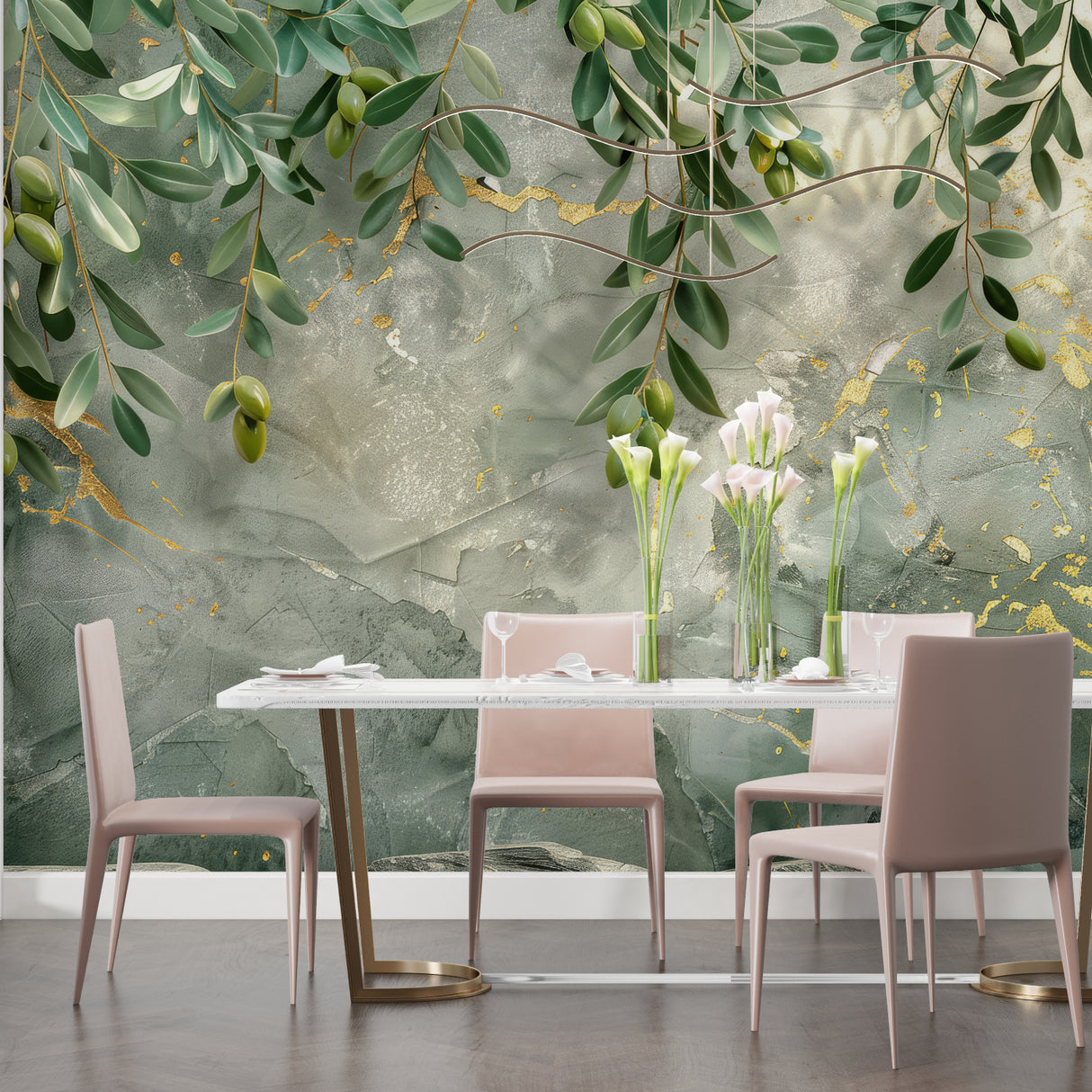 Olive branch wall mural bringing Mediterranean feel to modern kitchen