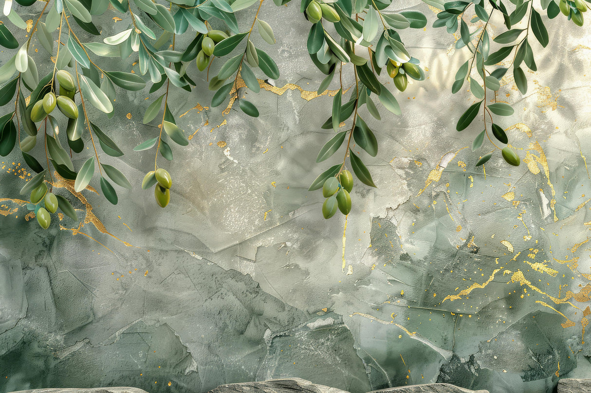 Design file showing detailed olive branches and gold accents pattern on textured background