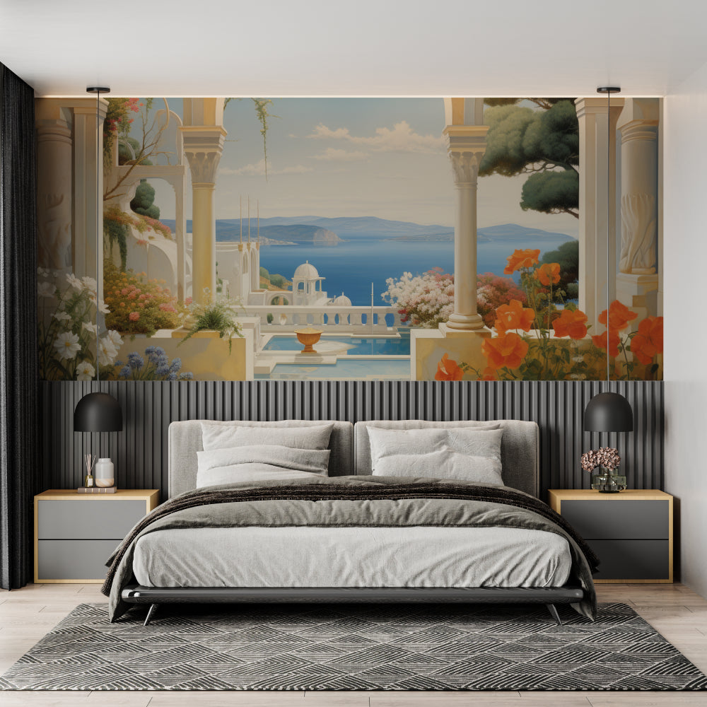 Santorini vista mural bringing Mediterranean charm to elegant dining space
