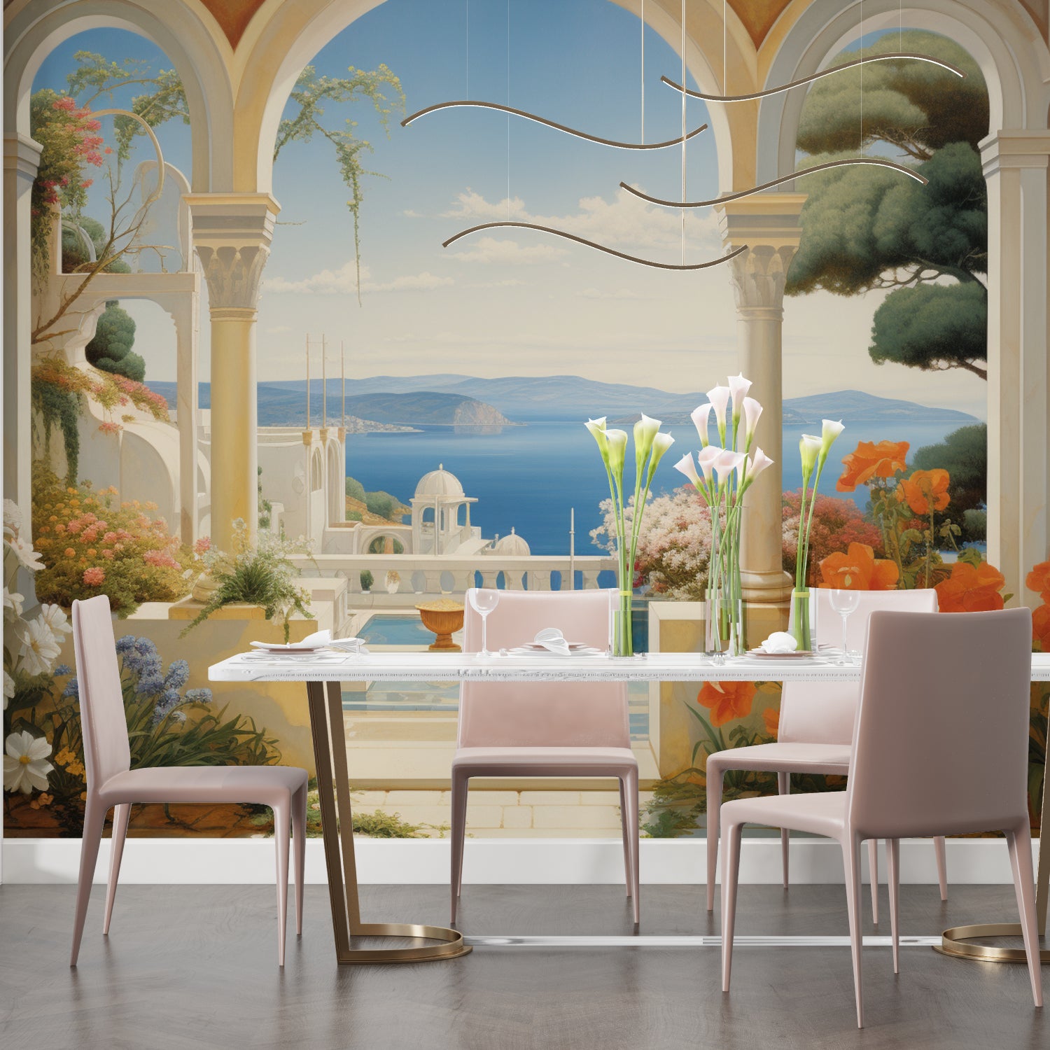 Coastal landscape wallpaper transforming home office with Mediterranean views