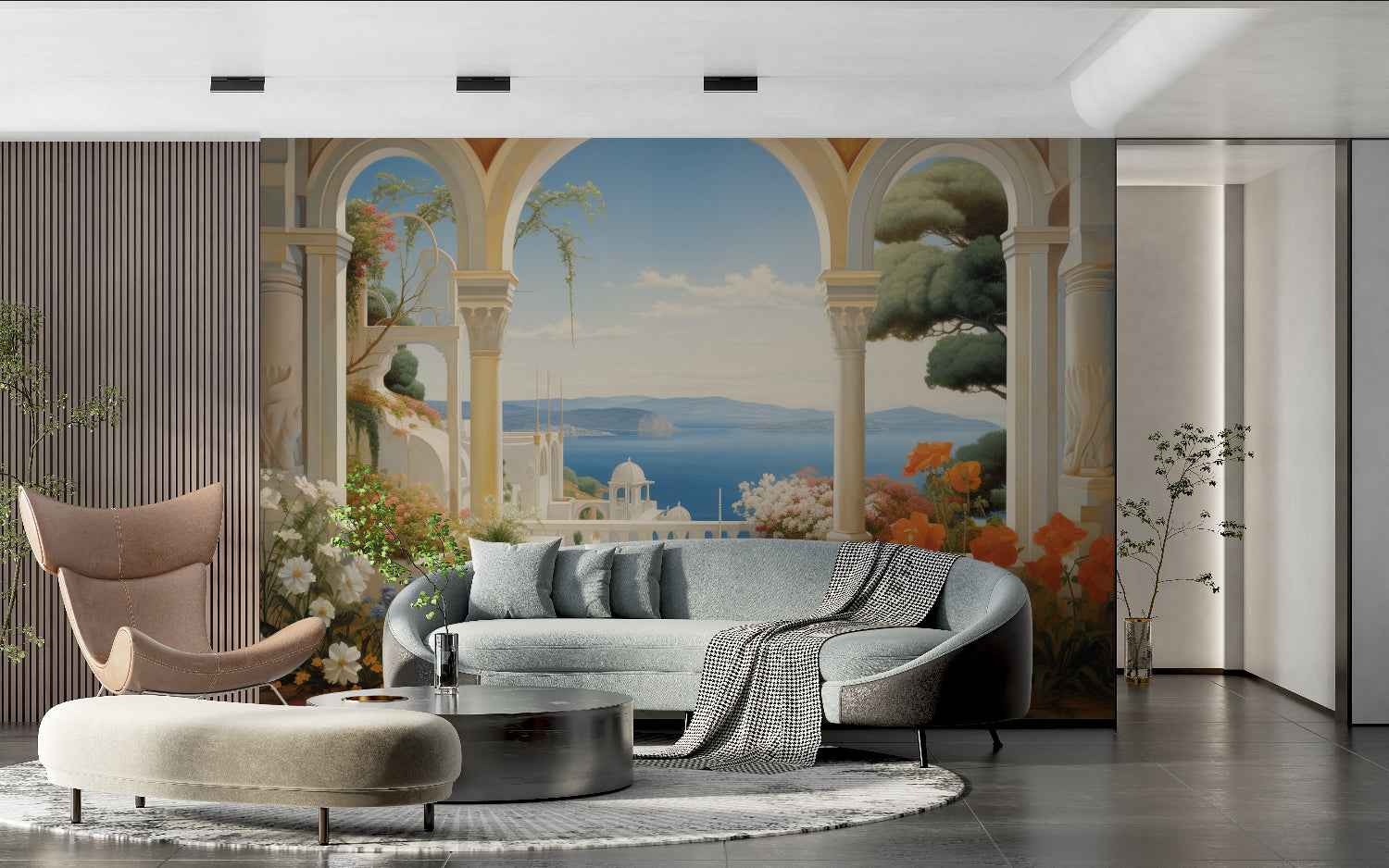 Mediterranean arch wallpaper making statement in boutique hotel lobby