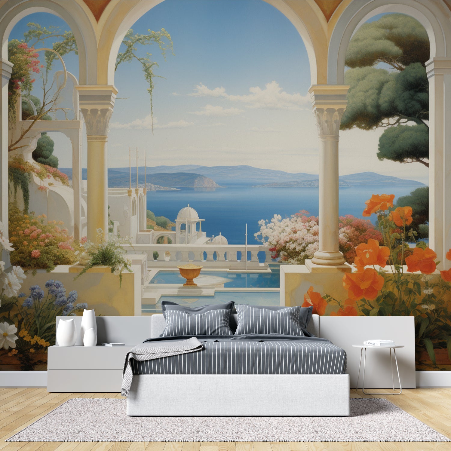 Santorini terrace mural adding depth to luxury bedroom setting