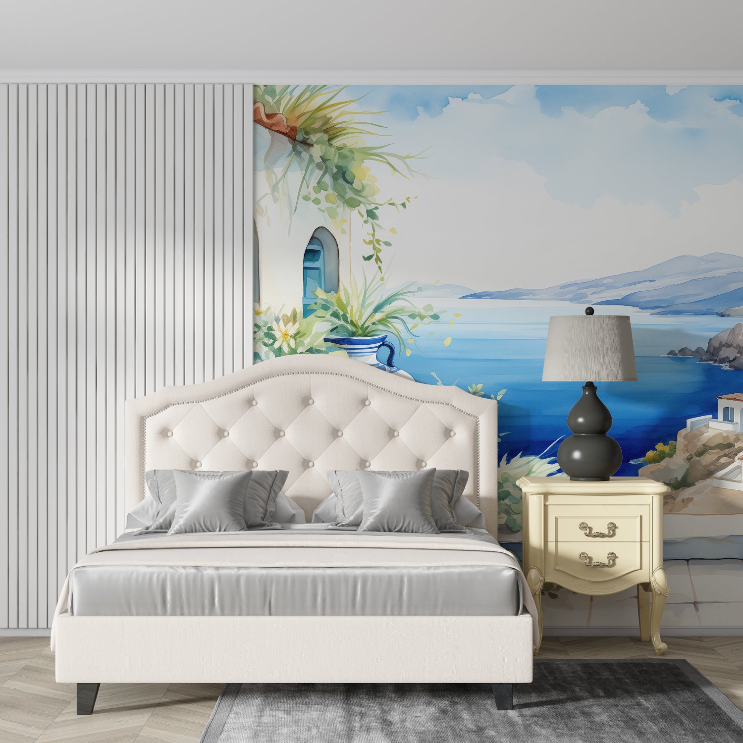 Greek coastal wallpaper transforming a bedroom into a peaceful seaside retreat