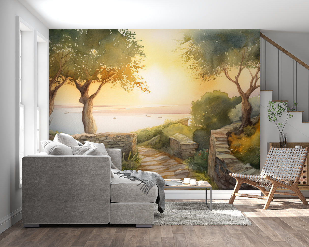 Mediterranean coastal wallpaper mural creating depth in modern living room with natural light
