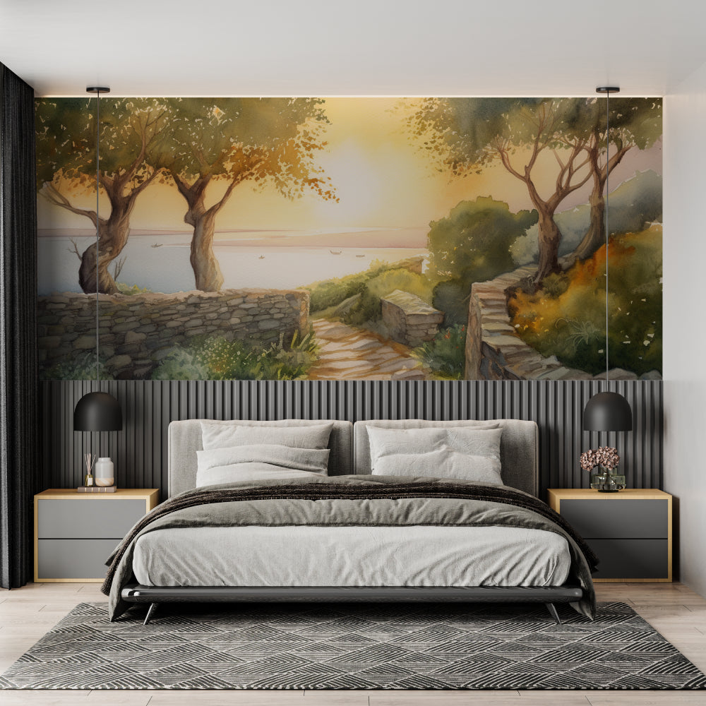 Watercolor sunset mural wallpaper in cozy bedroom setting with coastal decor