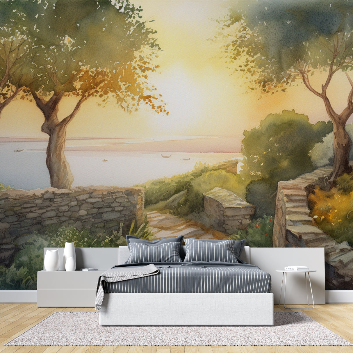 Mediterranean landscape wallpaper brightening dining room with warm sunset glow