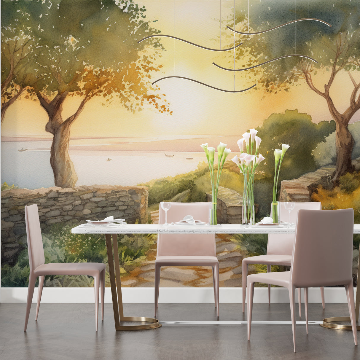 Coastal path wallpaper mural in home office creating peaceful work environment