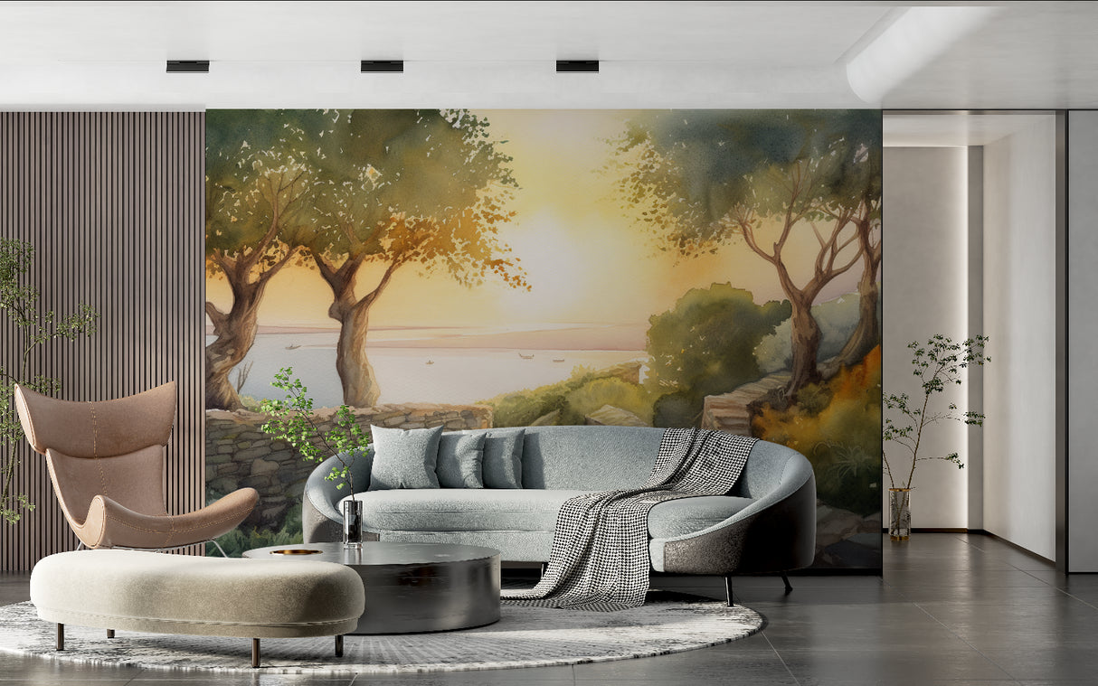Sunset vista wallpaper transforming hallway into Mediterranean escape