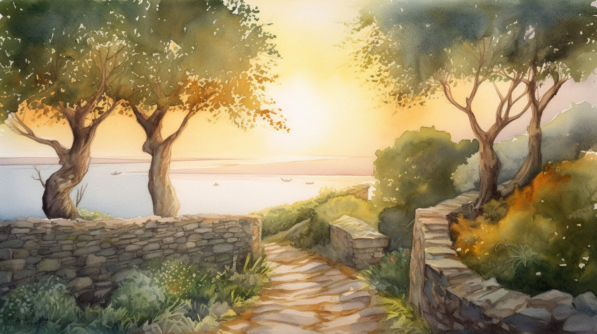 Mediterranean coastal path design file showing detailed watercolor sunset pattern