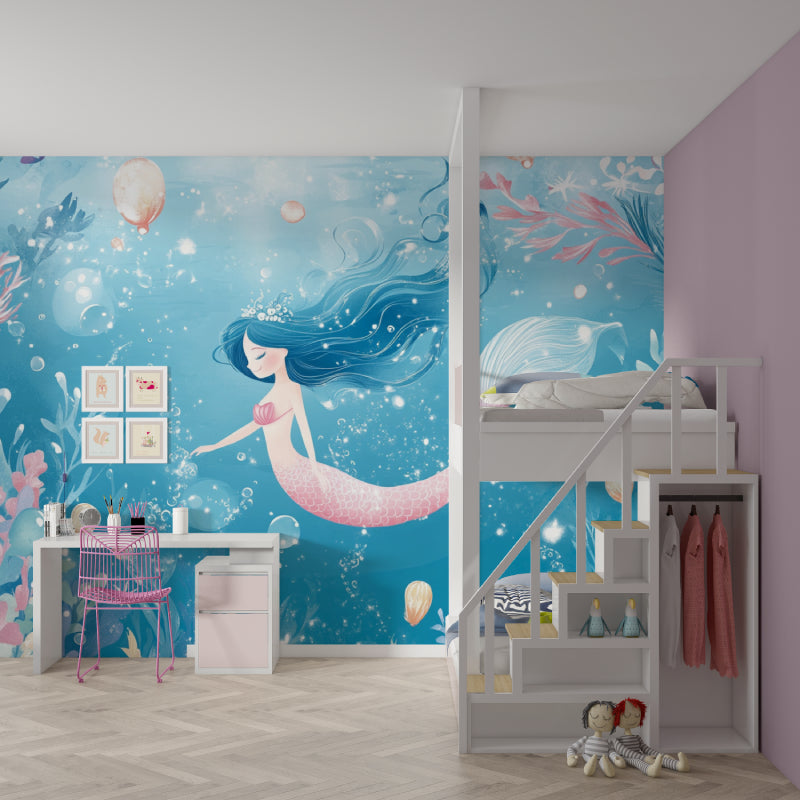 Mermaid Princess wallpaper in a dreamy nursery with soft pink accents and ocean-themed decor