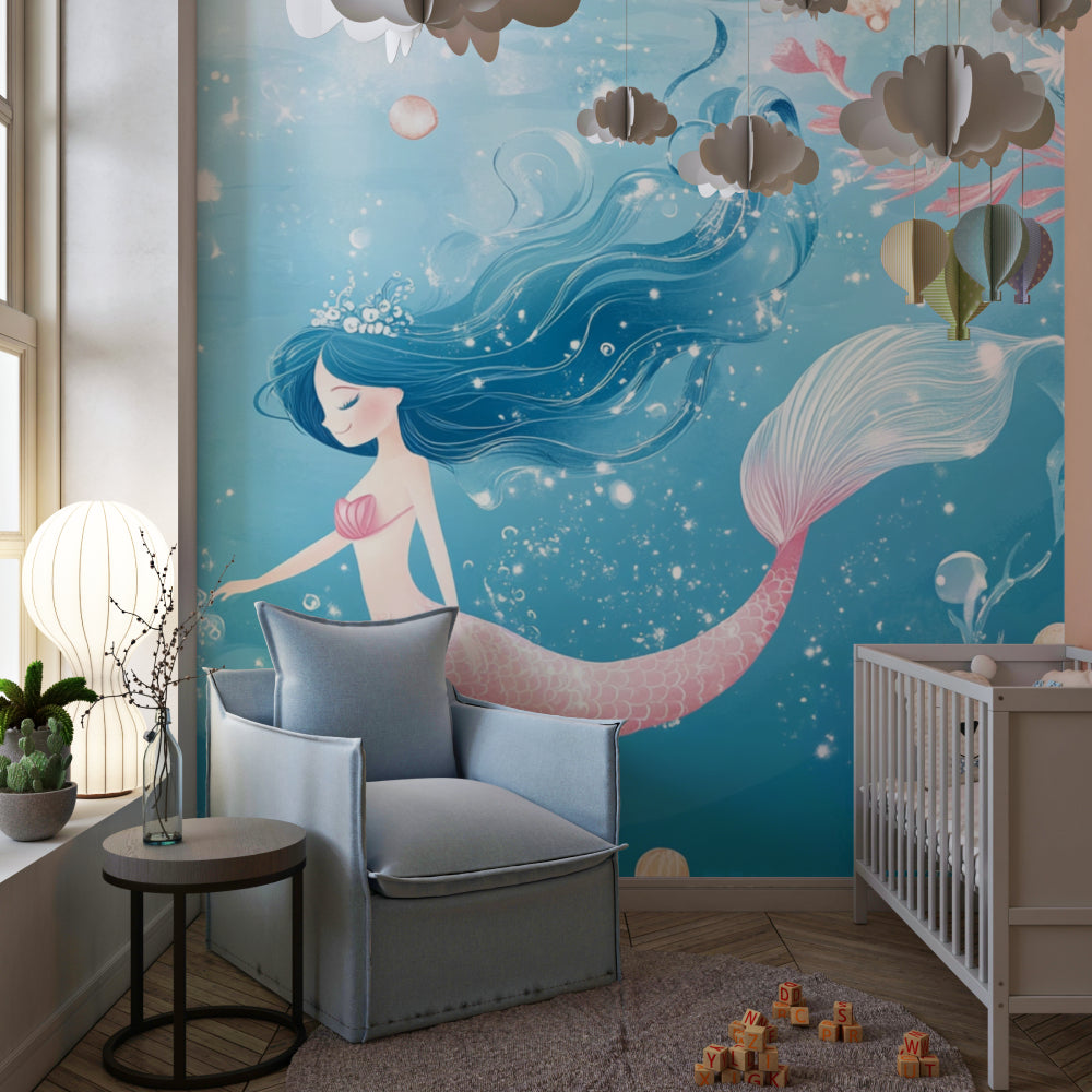 Magical Mermaid wall mural creating a cozy reading nook in a girl's bedroom