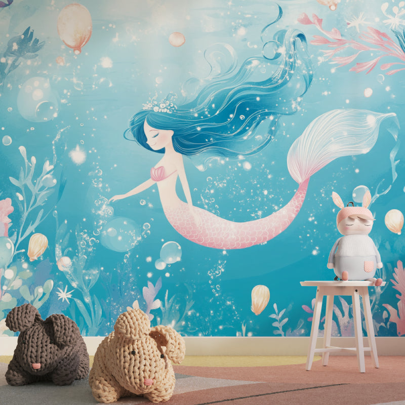 Underwater Princess wall mural styling in a coastal-themed bedroom setup