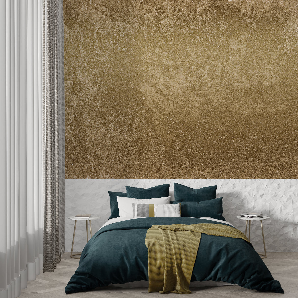 Metallic gold wallpaper in modern dining room, soft lighting highlighting bronze texture
