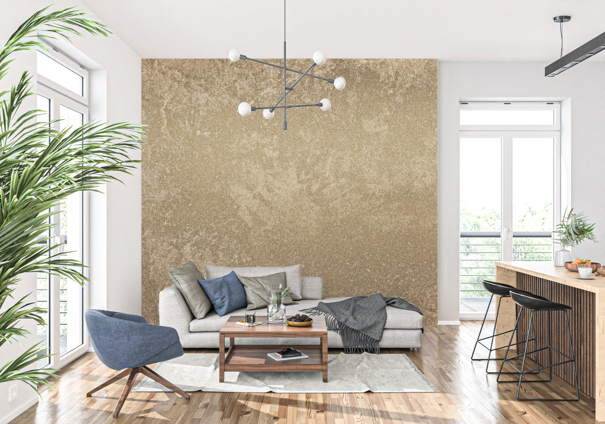 Gold textured wallpaper in living room with evening light