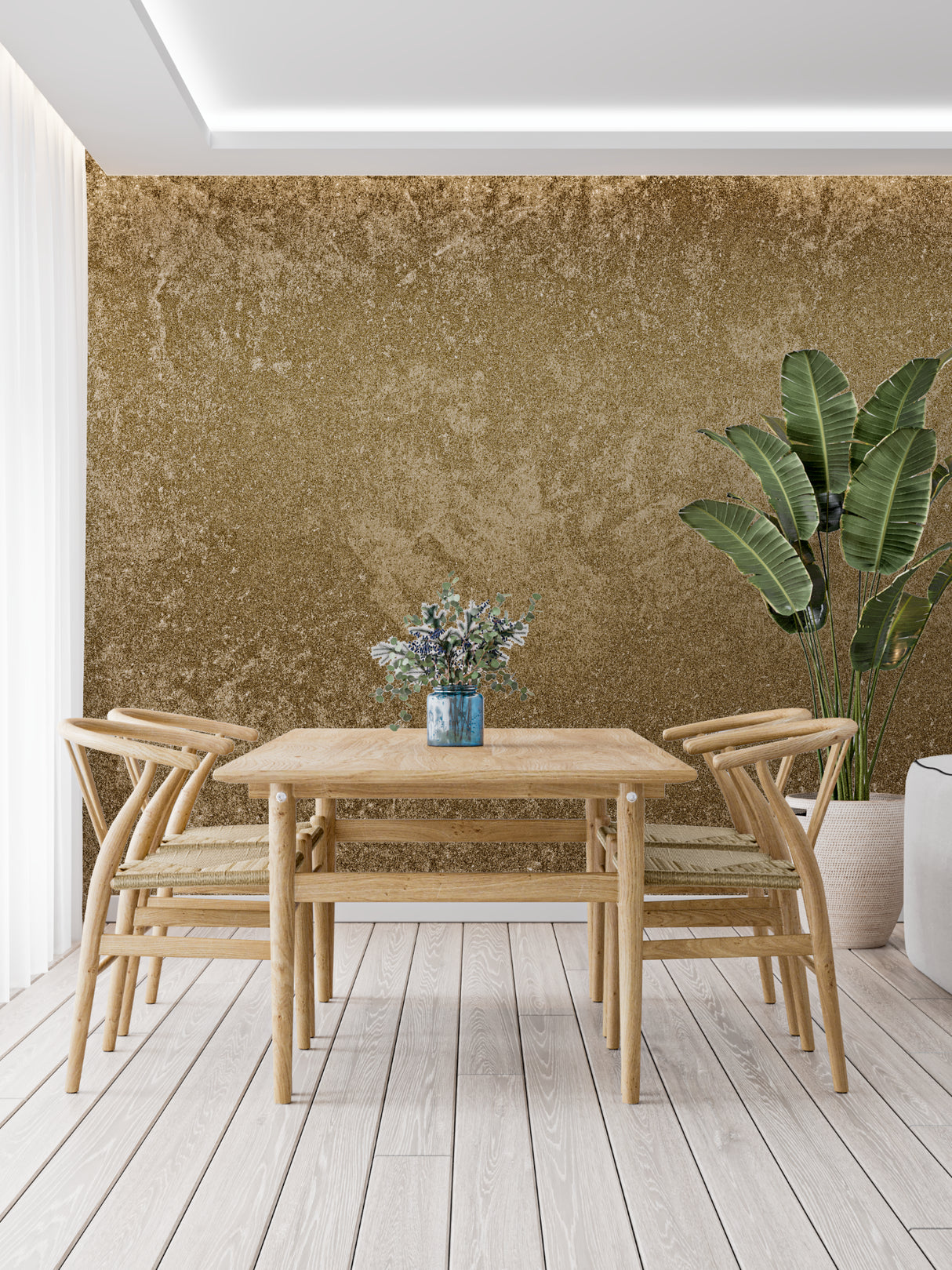Metallic bronze wallpaper adding warmth to home office space