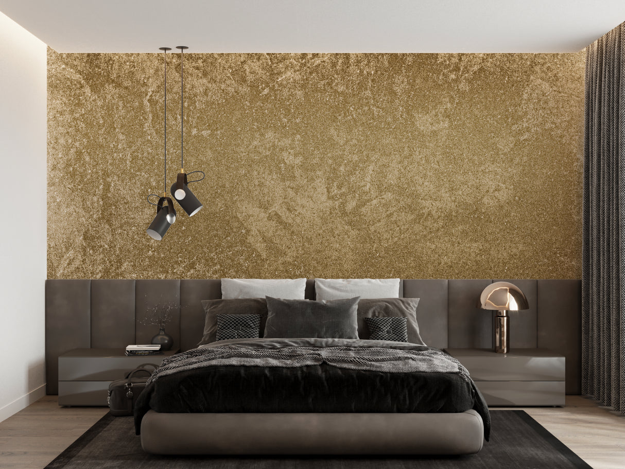 Gold wallpaper feature wall in modern hallway setting