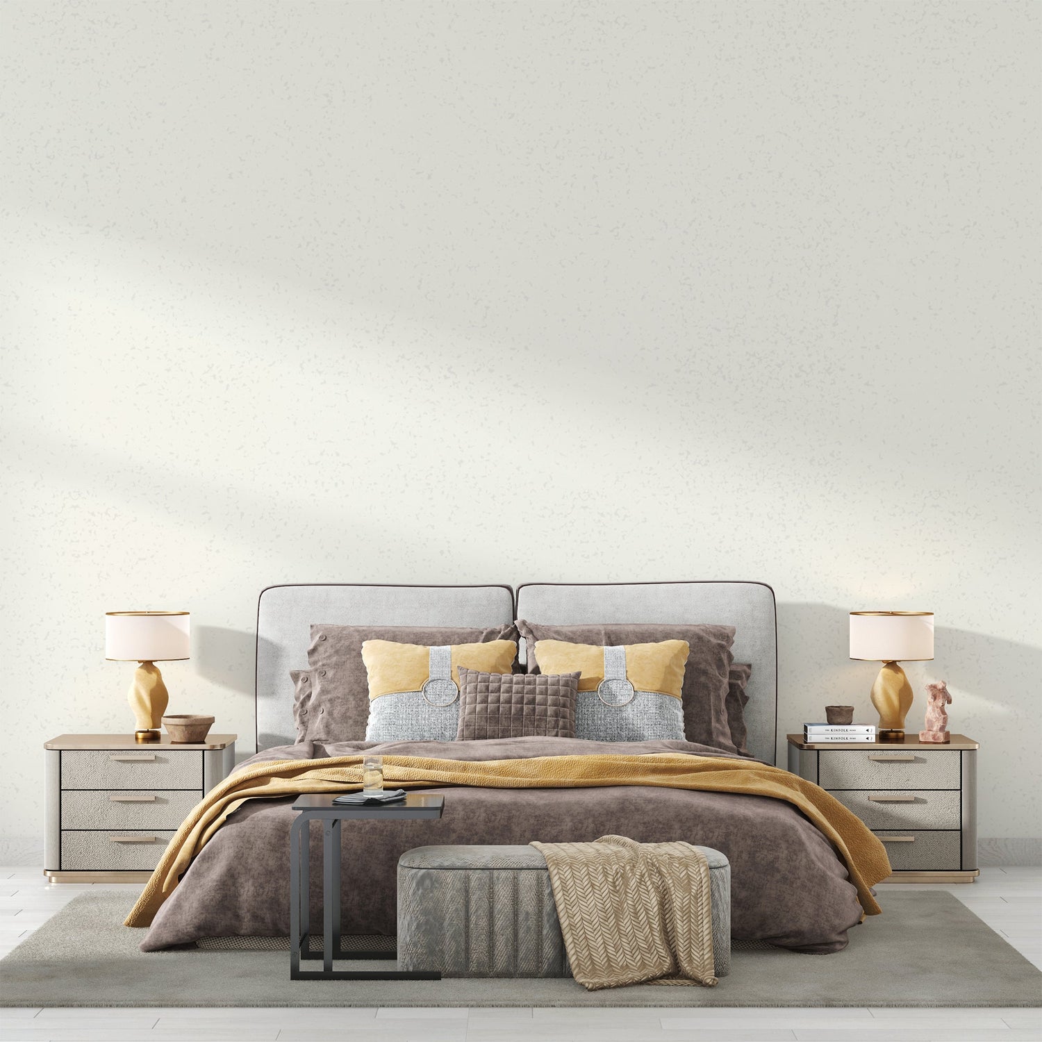 White textured wallpaper in a bright modern living room creating a clean, sophisticated atmosphere