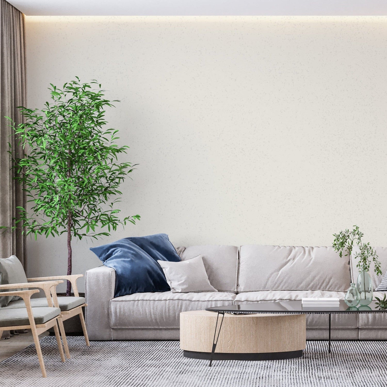 Minimalist white wall mural adding depth to a contemporary dining space