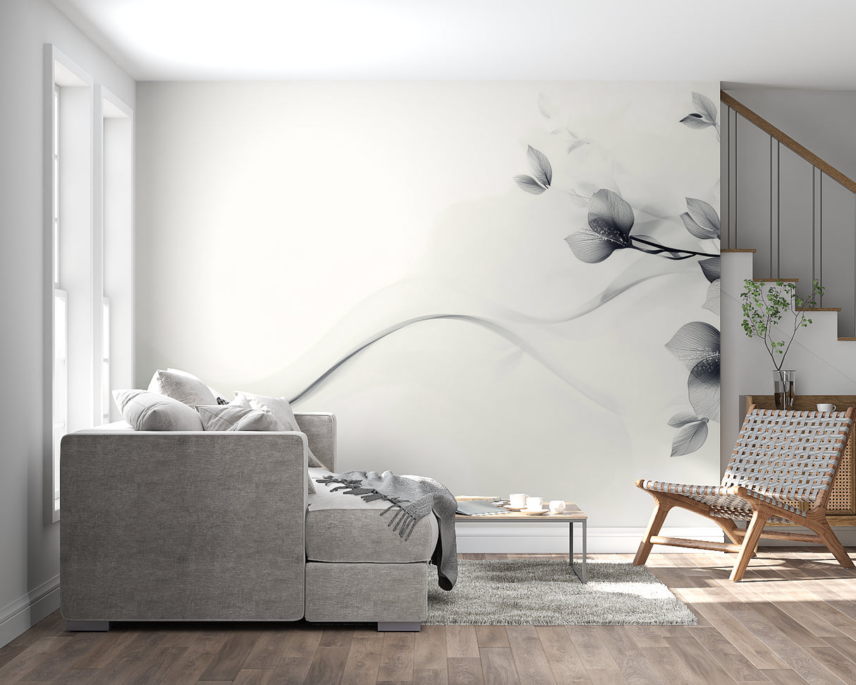 Minimalist grey leaf wallpaper in modern living room creating a peaceful atmosphere
