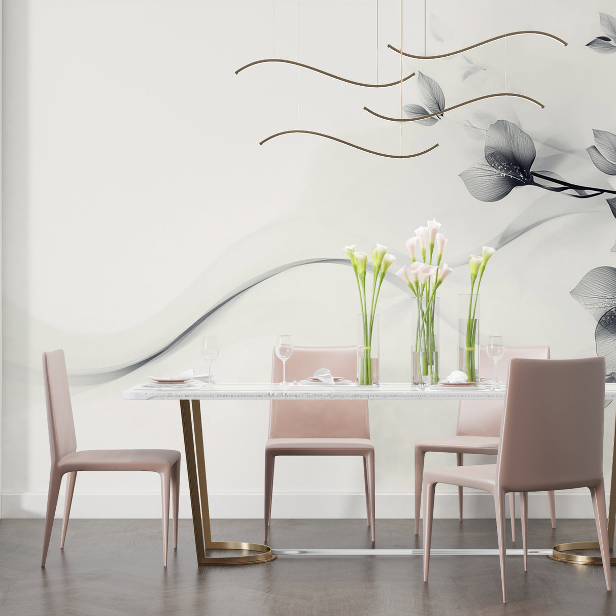 Grey botanical wall mural bringing calm to a master bedroom