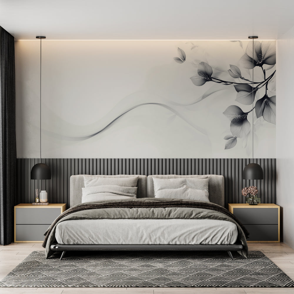 Flowing leaf pattern wallpaper in minimalist home office space