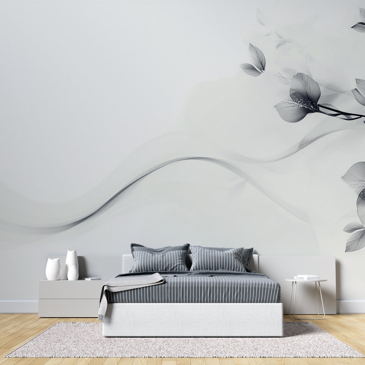 Curved line wallpaper creating depth in contemporary hallway