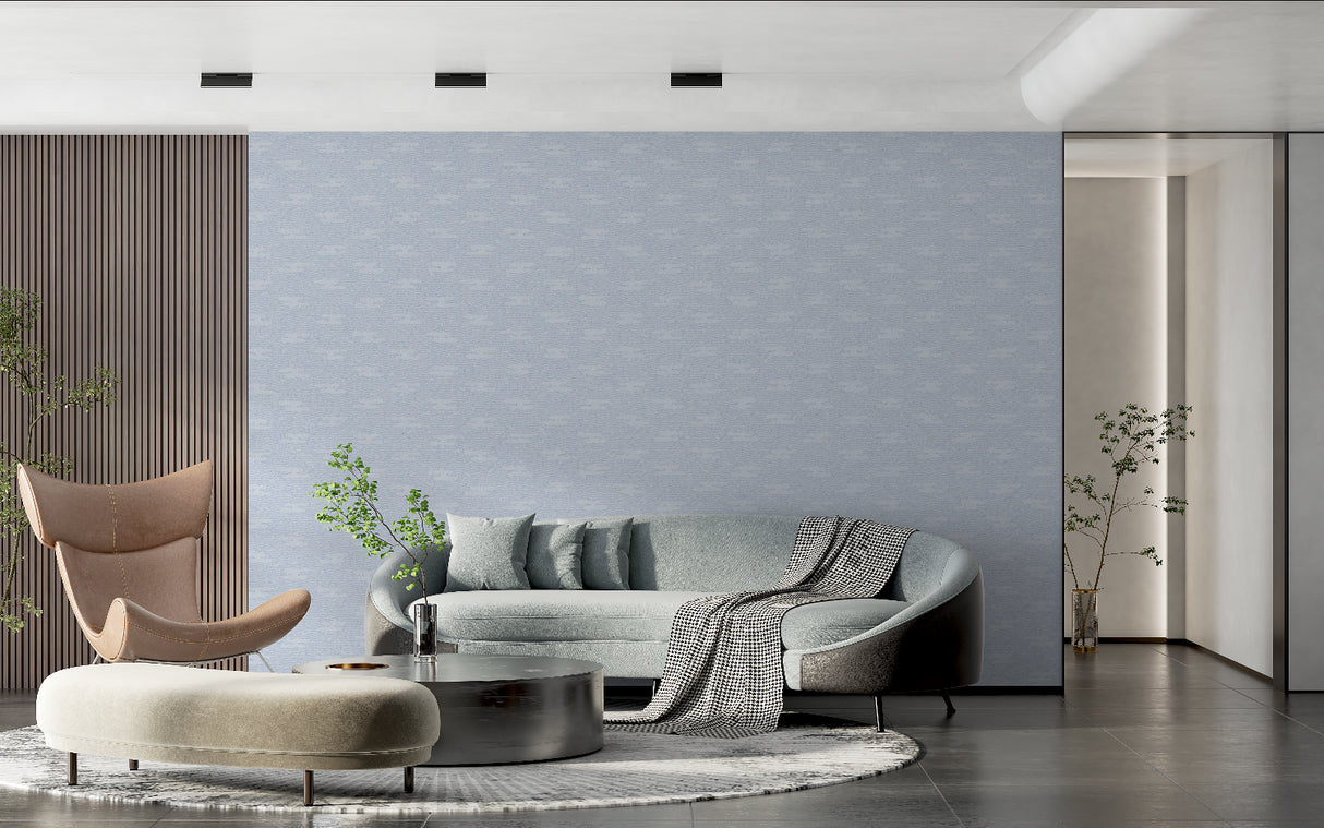 Light blue textured wallpaper in modern living room with natural lighting showing subtle surface details