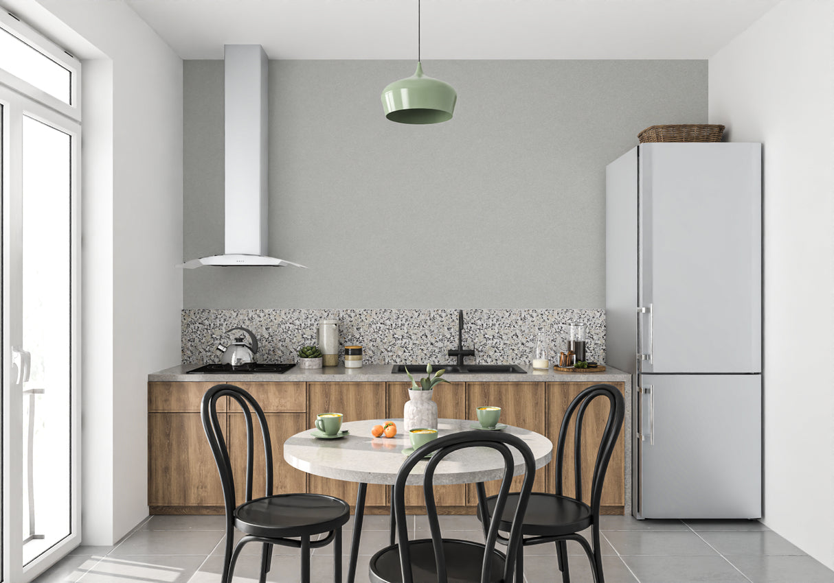 Minimalist grey wall mural creating depth in a modern bedroom with clean lines