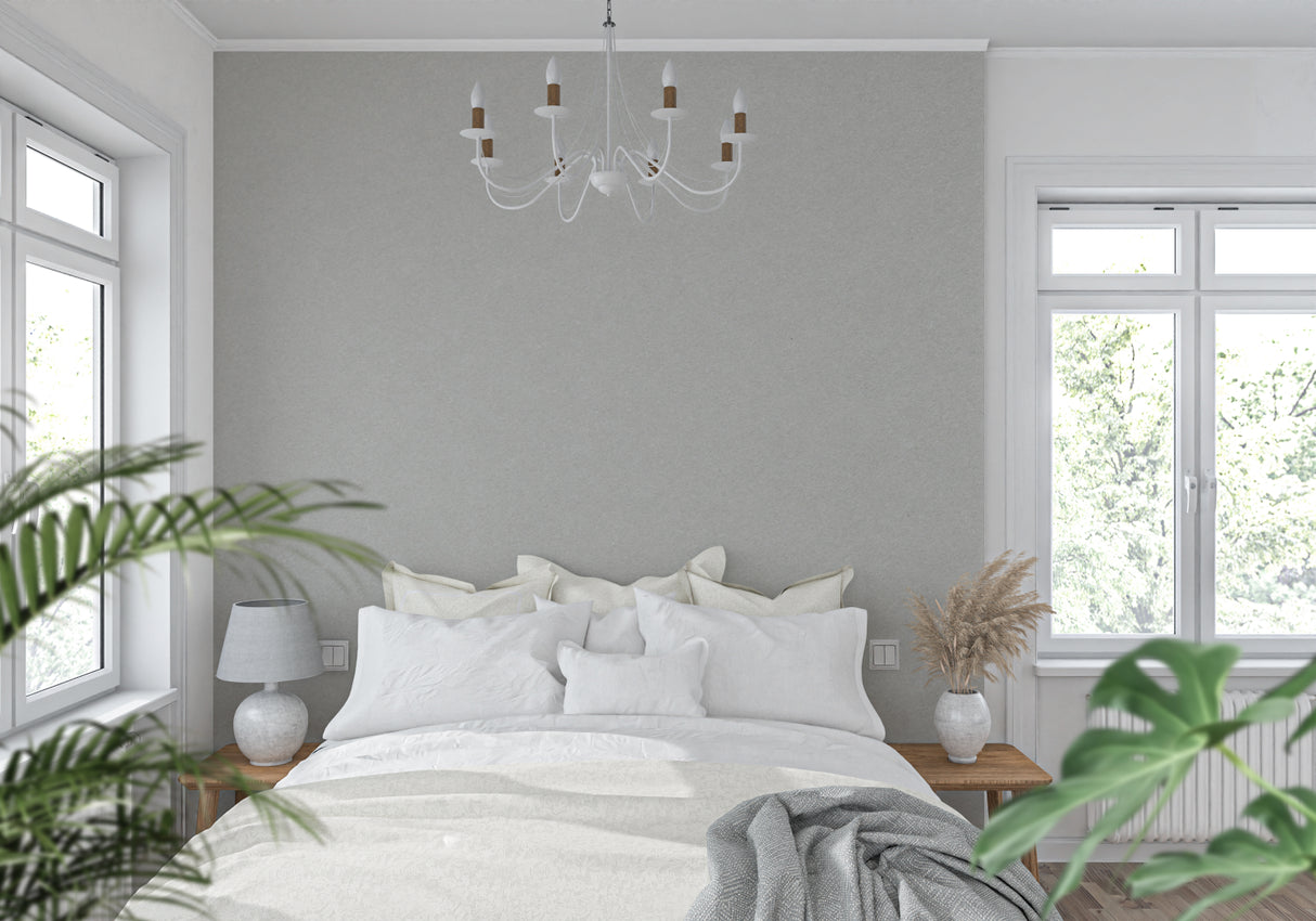 Contemporary grey mural wallpaper application in a dining room space