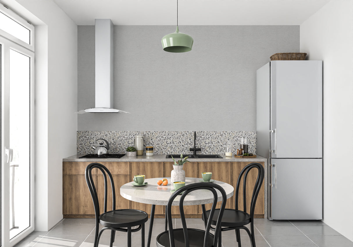 Light grey wall mural creating calm atmosphere in minimal bedroom setting