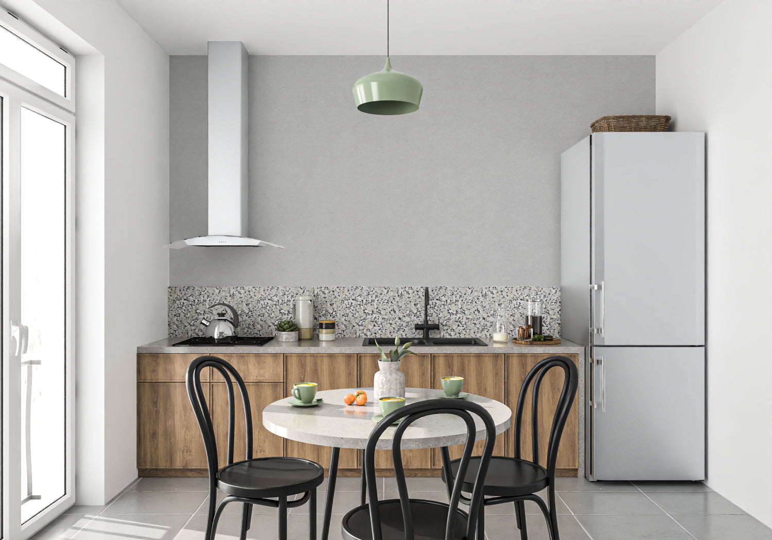 Light grey wall mural creating calm atmosphere in minimal bedroom setting