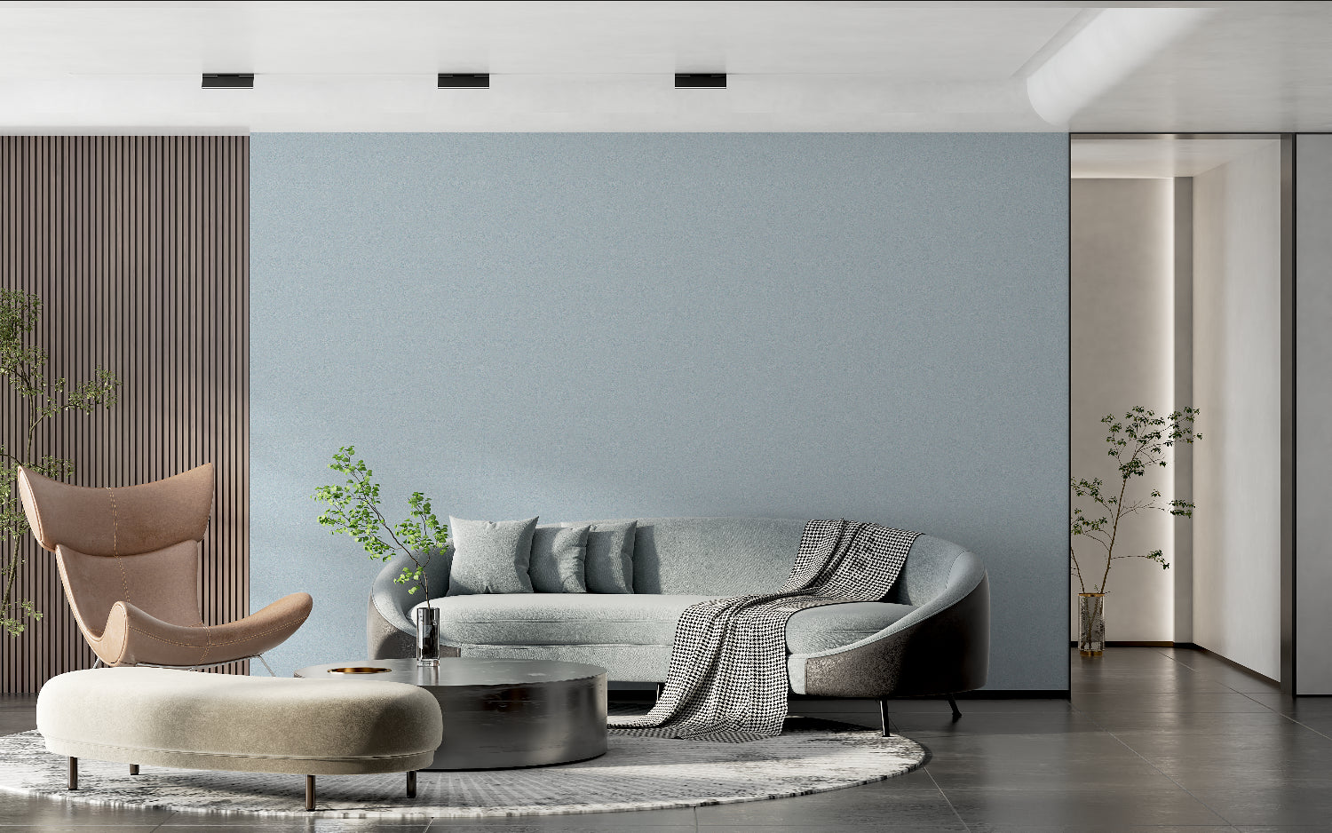 Modern office space featuring powder blue wall mural with contemporary furniture