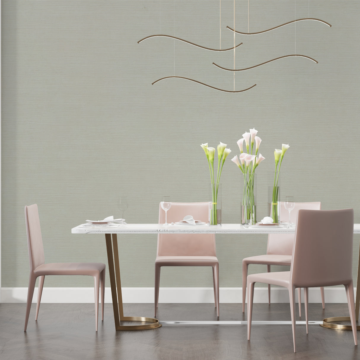 Green textured wallpaper creating depth in a minimalist hallway space